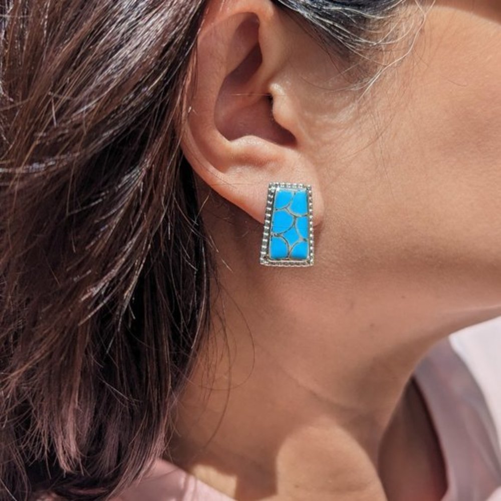 Zuni Women's Jewelry Earrings Kingman‎ Turquoise Inlay Native American Handmade